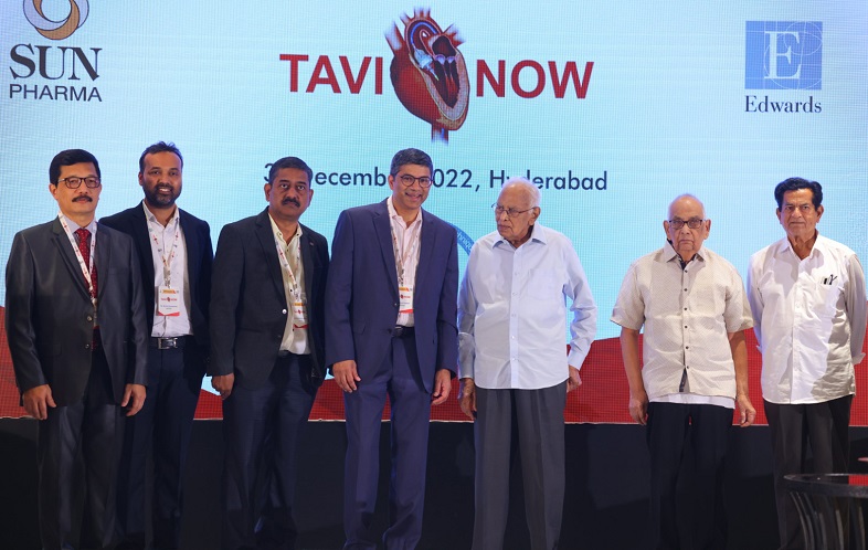 (L-R) Dr Baruah, Sr Consultant Cardiologist, Apollo Hospitals, Visakhapatnam; Dr Anmol Sonawane, Consultant Cardiologist, Breach Candy Hospital, Mumbai; Dr A. Sreenivas Kumar, Senior Consultant Cardiologist and Director, Cardiology & Clinical Research, Apollo Hospitals, Jubilee Hills; Dr Susheel Kodali, Senior Cardiologist, Director – The Structural Heart & Valve Center at New York, Presbyterian/ Columbia University Medical Center, USA and and three patients who underwent TAVI procedure successfully, 90-year-old Mr Nageshwar Rao; 90 year old Mr Mohan Rao & 80 year old Mr Subba Rao, look on at the inauguration of the one-day ‘TAVI saves lives - TAVI for life’ workshop, hosted by FACTS Foundation & Apollo Hospitals, on the novel minimally invasive procedure for valve replacement - TAVI, at The Park Hotel, Somajiguda; today.