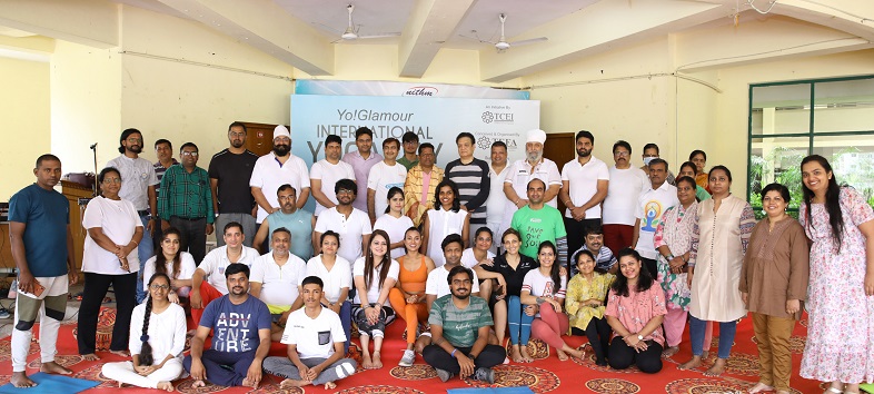 Members of Event fraternity representing, Telangana Chamber of Events Industry (TCEI) at the Event hosted to commemorate the International Yoga Day and World Music Day at NITHM, Hyderabad, today.