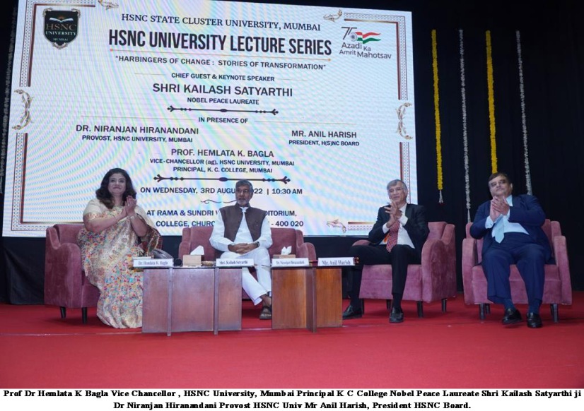 Nobel Peace laurate Kailash Satyarthi graces HSNC University Mumbai's first ever lecture series- Harbringers of Change- Stories of Transformation