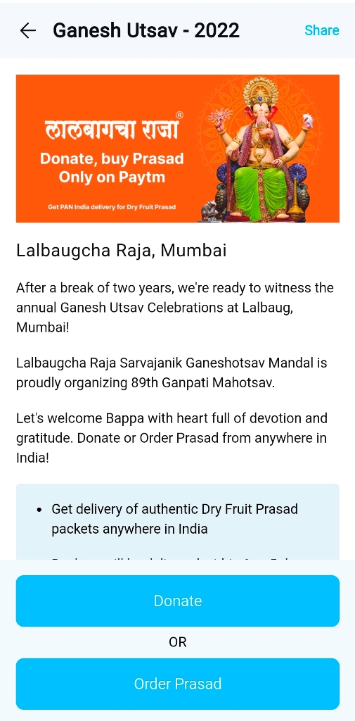 Paytm enables prasad orders from Lalbaugcha Raja this Ganesh Chaturthi — in a first, Paytm QR code can be scanned for donations at the pandal
