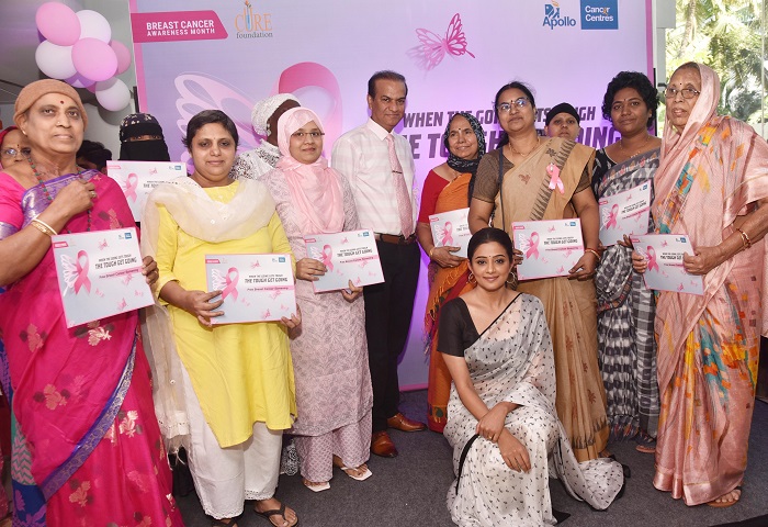 Tollywood Diva & Chief Guest Ms Priyamani; Dr P. Vijay Anand Reddy (center), Director, Apollo Cancer Institutes, Hyderabad; with the cancer survivors, at the Breast Cancer Awareness Program organized by Apollo Cancer Institutes, Hyderabad; as part of the International Breast Cancer Awareness month October - 2022; at Apollo Cancer Institutes, Jubilee Hills, today.